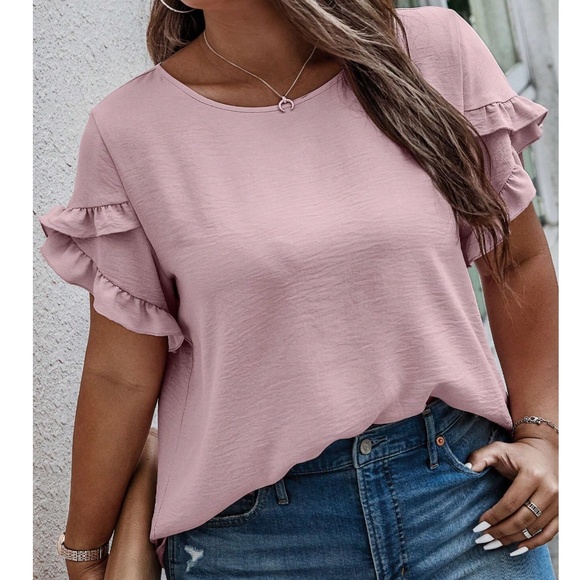 Plus Burgundy Solid Ruffle Petal Short Sleeve Top - Picture 8 of 15